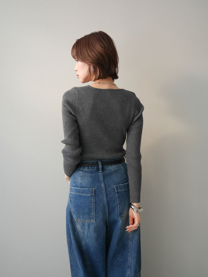 [予約]Vネック配色レイヤードスリットニットトップス/charcoal