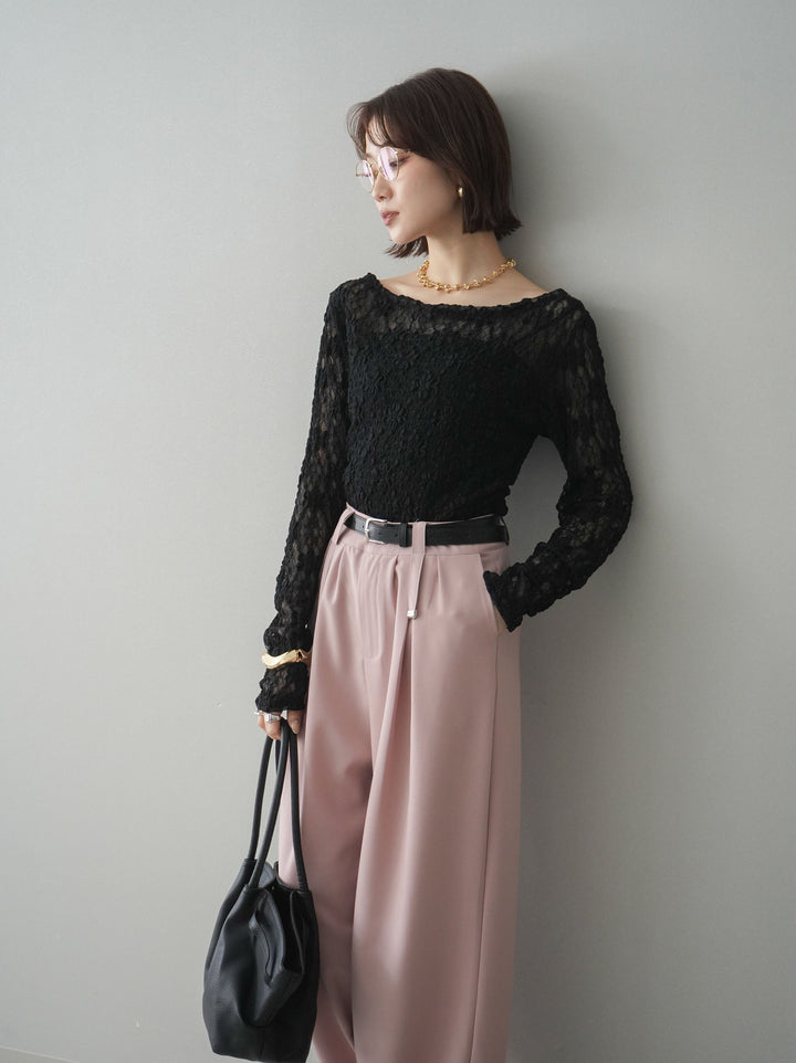 [SET]サイドギャザーレーストップス+ベルト付キーホルダーモチーフワイドパンツ(2set)