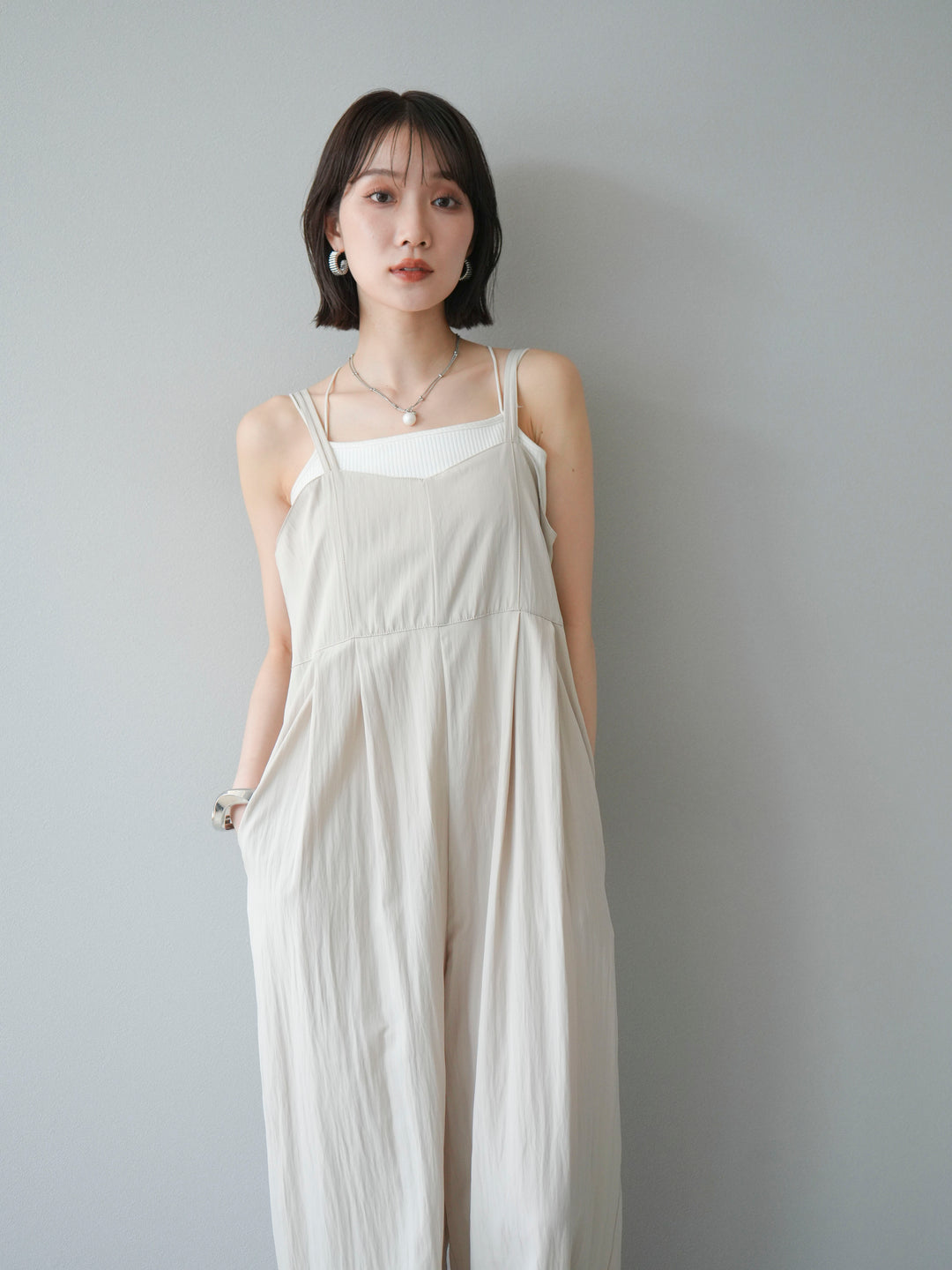 [予約]リネンライクビスチェデザインサロペット/エクリュ