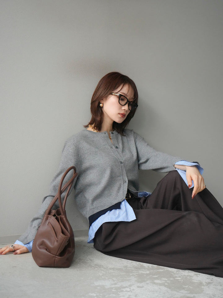 [SET]シャツ襟レイヤードニットカーディガン+ベルトループデザインワイドパンツ(2set)