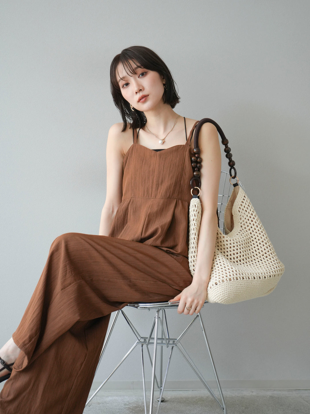 [SET]リネンライクビスチェデザインサロペット+ダブルストラップカットリブブラキャミソール(2set)