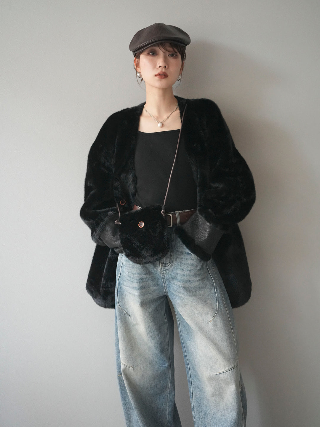 [SET]バッグ付エコファーノーカラーコート+ベルト付カーブデニムパンツ(2set)