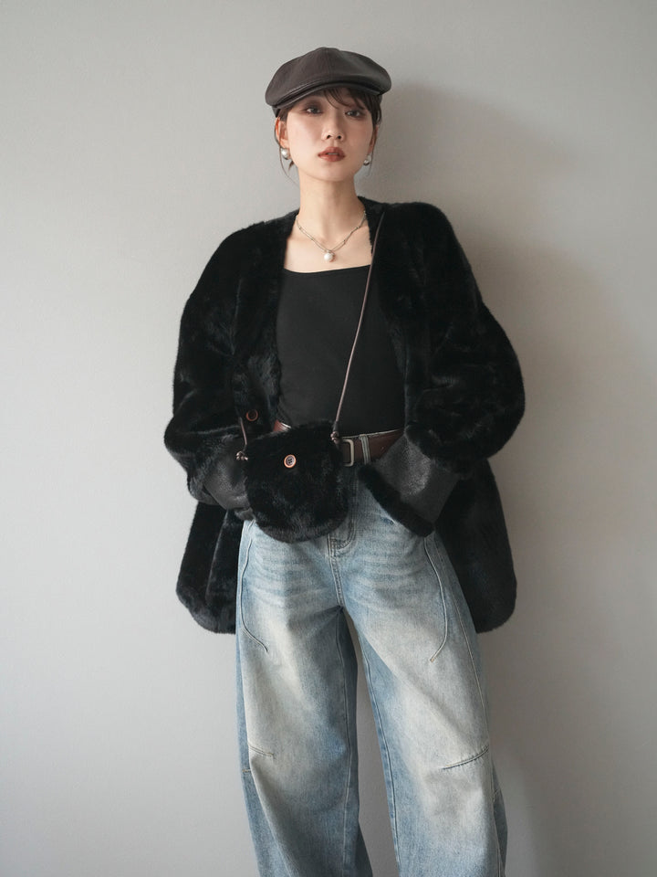 [SET]バッグ付エコファーノーカラーコート+ベルト付カーブデニムパンツ(2set)