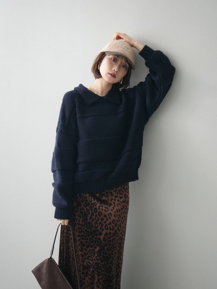 [予約]襟付きボーダー編みニットプルオーバー/navy