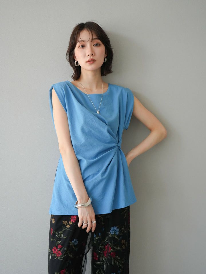 [SET] 側扭法式上衣+植物圖案休閒褲+繩繡薄紗疊穿褲（3件套裝）