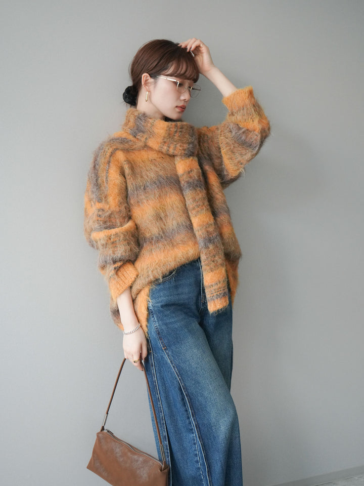 [予約]ストール付シャギーマルチボーダーニットプルオーバー/yellow