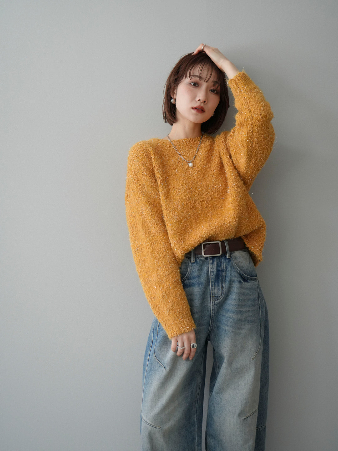 [SET]モールラメミックスヤーンニットプルオーバー+ベルト付カーブデニムパンツ(2set)