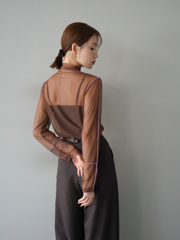[予約]シアーパイピングカットソー/ダークブラウン×ラベンダー
