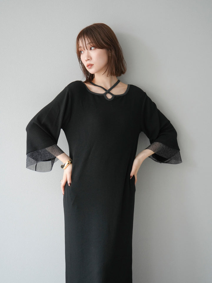 [予約]デザインネックラメシアー切替ニットワンピース/ブラック