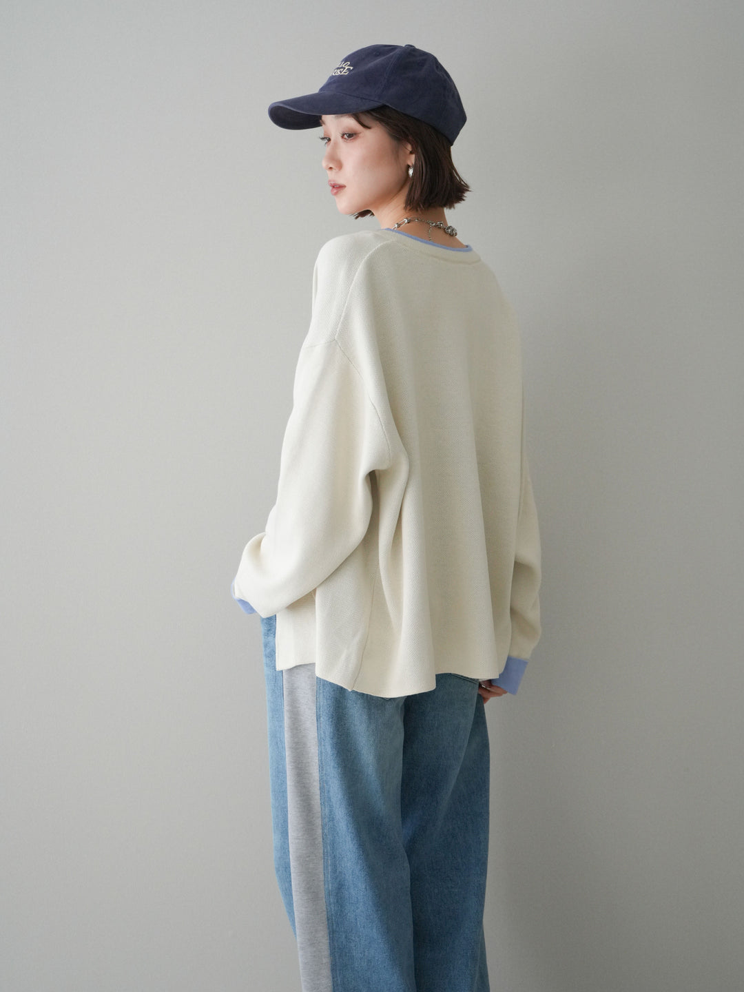 [SET]バイカラーオーバーニットカーディガン+デニム切替スウェットパンツ(2set)