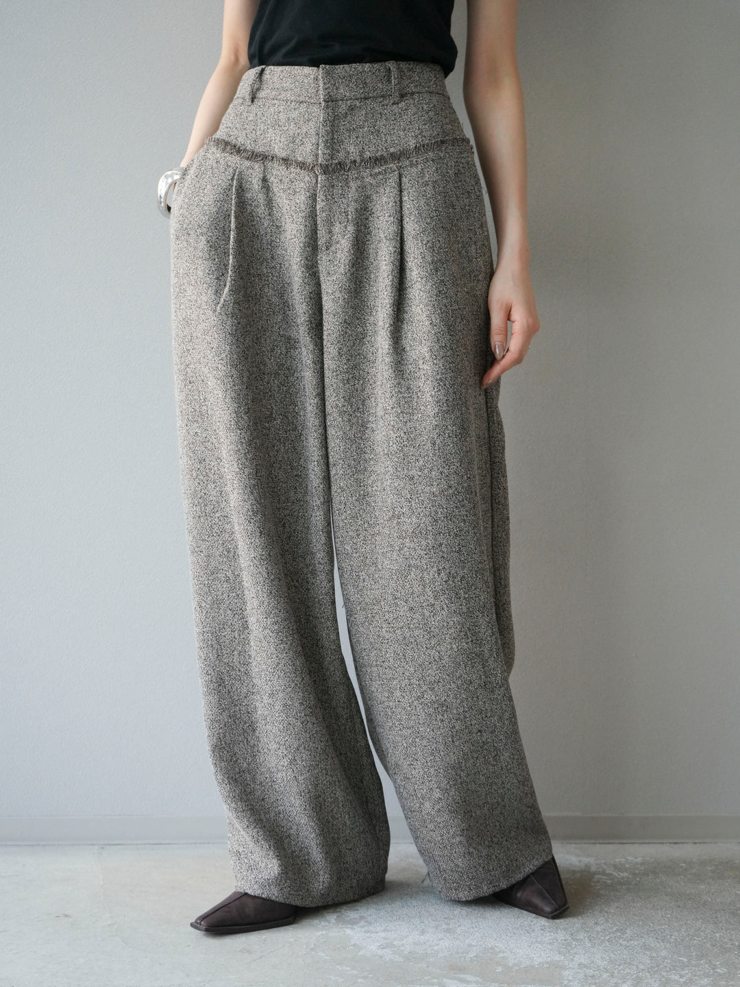 [予約]ウエストフリンジツイードワイドパンツ/ブラウン