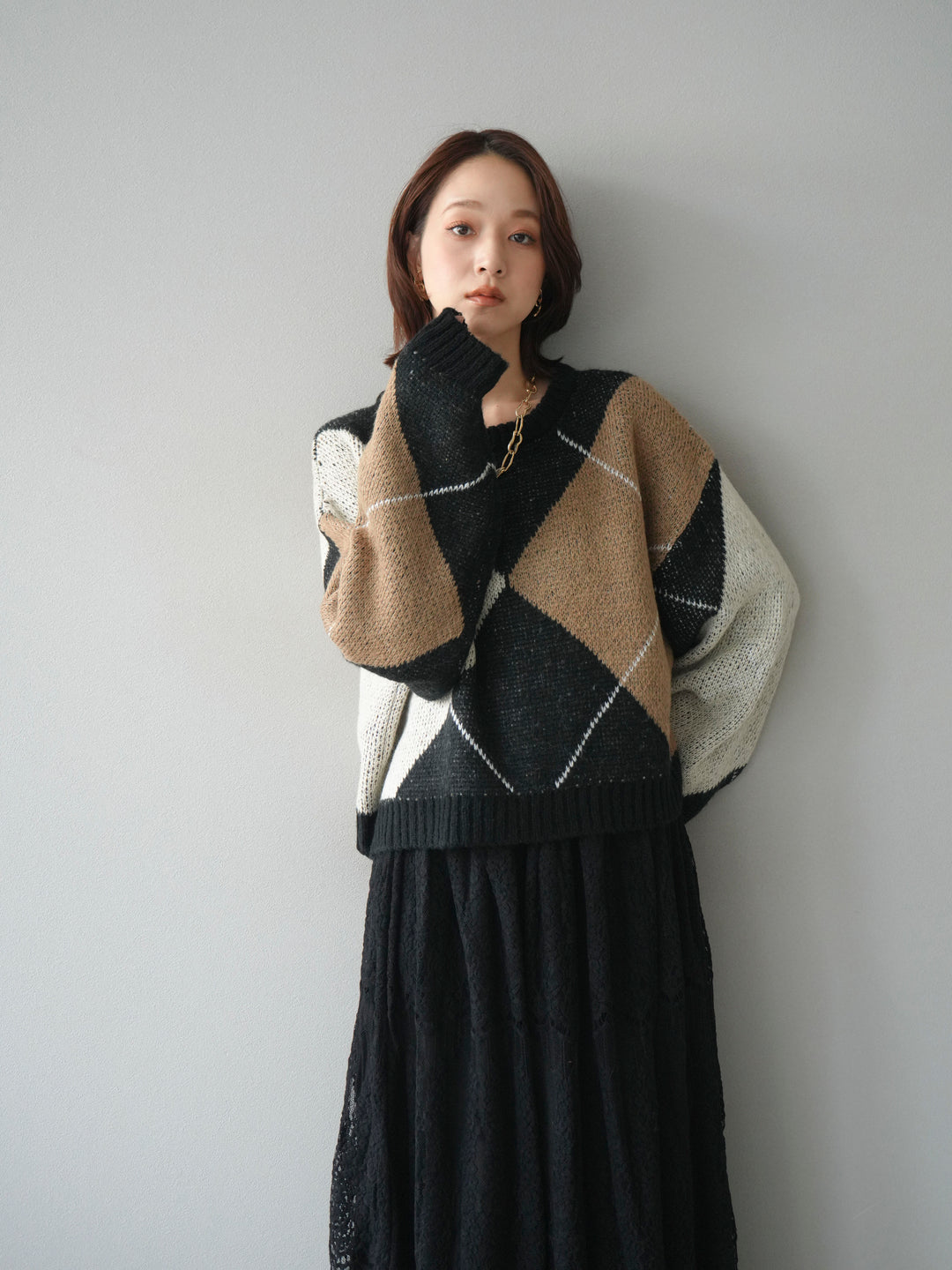 [SET]配色ステッチアーガイル柄ニットプルオーバー+ヴィンテージライクメッシュレーススカート(2set)
