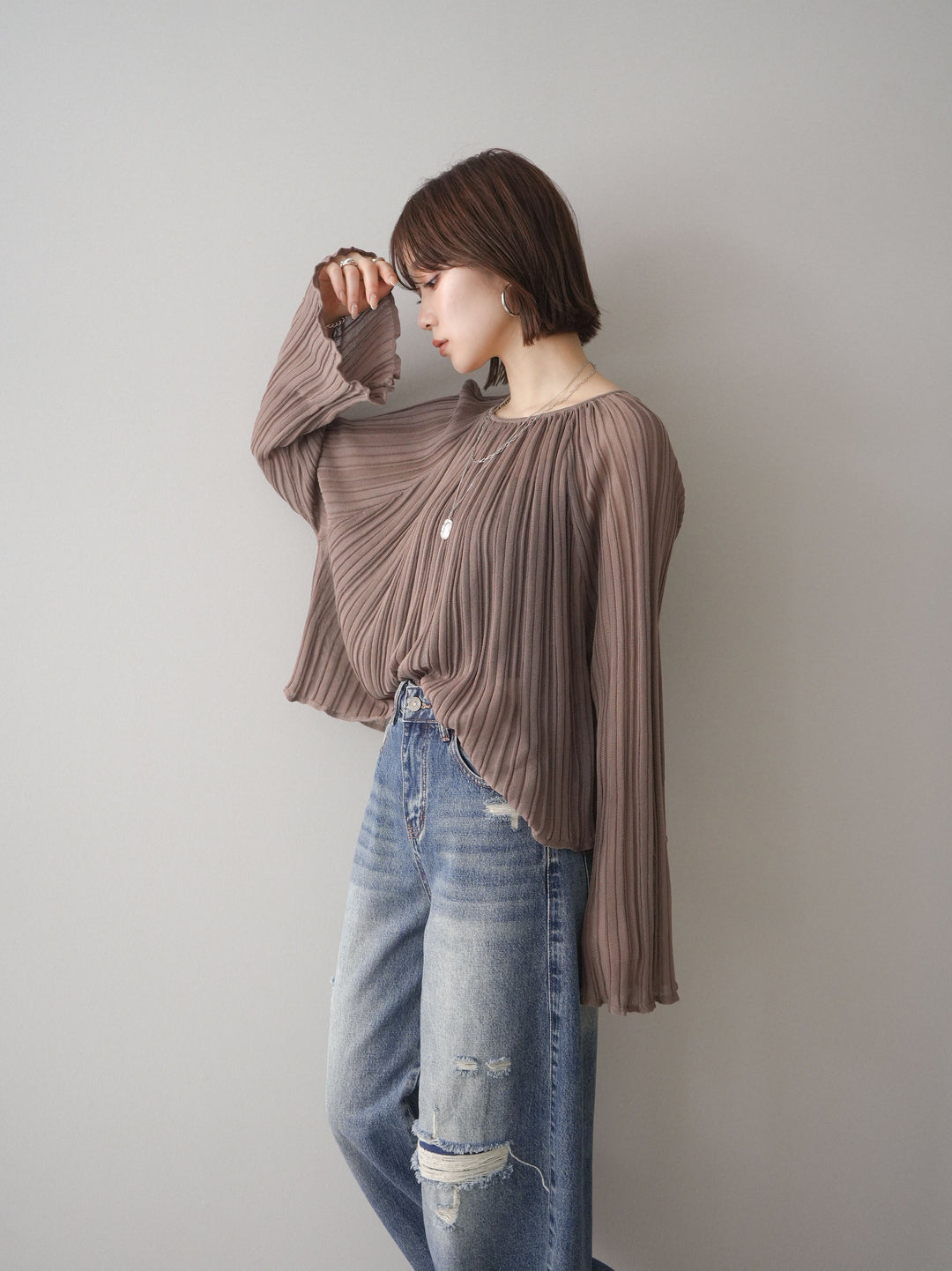 [SET]プリーツシアーフレアスリーブニットトップス+プリーツシアーフレアスリーブニットトップス(2set)