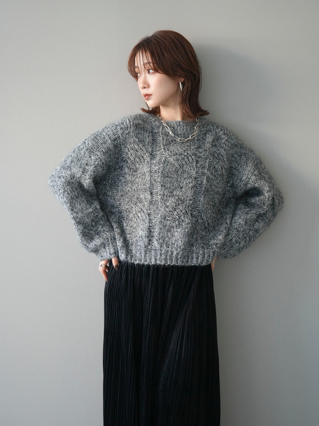[予約]ワイドケーブルミックスニットプルオーバー/gray