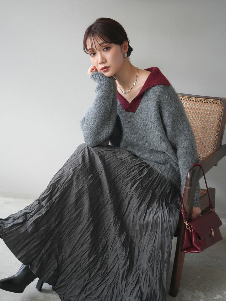 [予約]バイカラー襟付きニットプルオーバー/gray