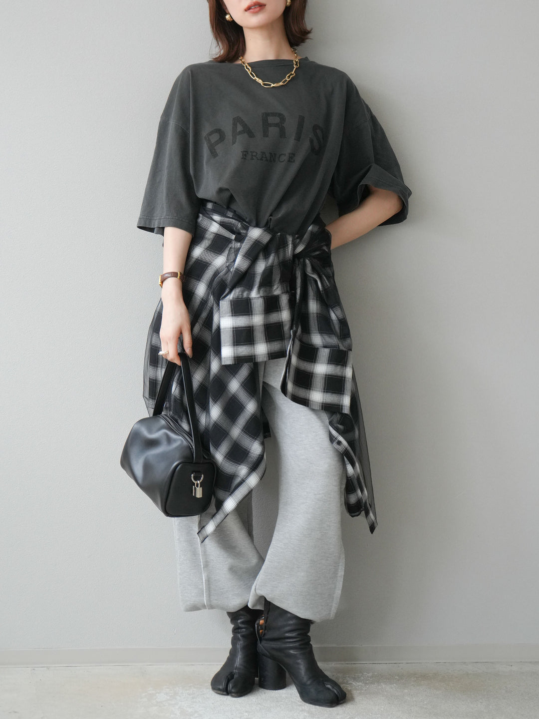 [SET]ピグメントロゴプリントTシャツ+2WAYデザインスウェットパンツ+チュールドッキングチェック柄オーバーサイズシャツ(3set)