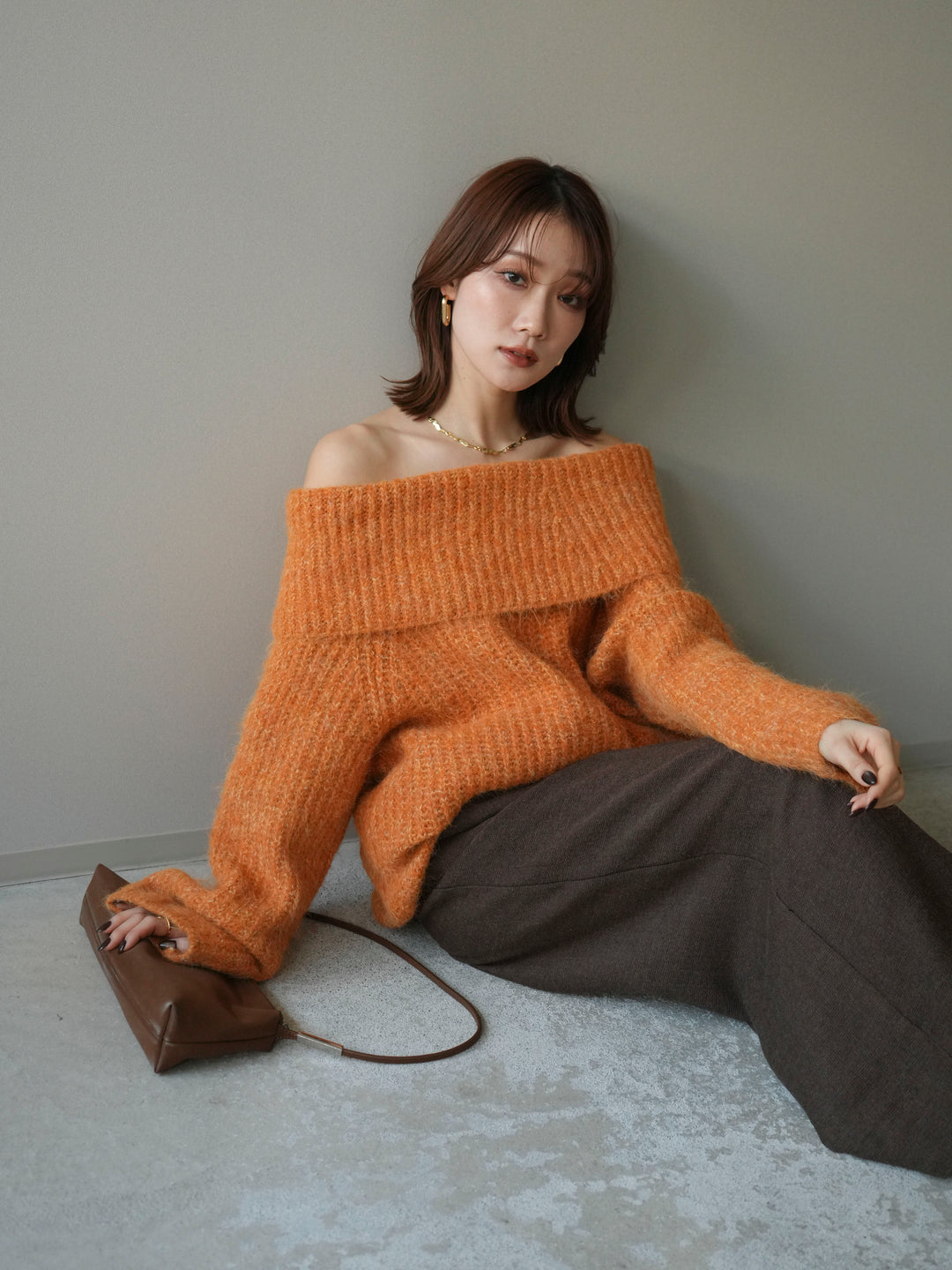 [予約]オフショルミックスニットプルオーバー/orange