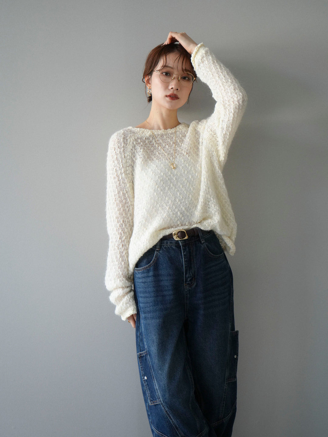 [予約]透かし編みモヘアタッチポコポコニットプルオーバー/ivory