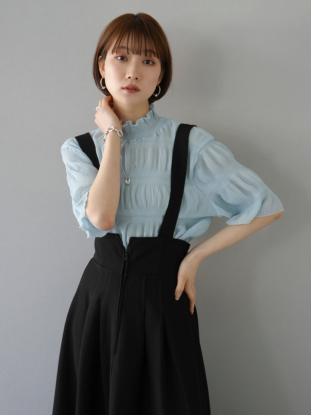 [SET] Shirring chiffon half sleeve blouse + 2WAY flare jumper skirt (2set)