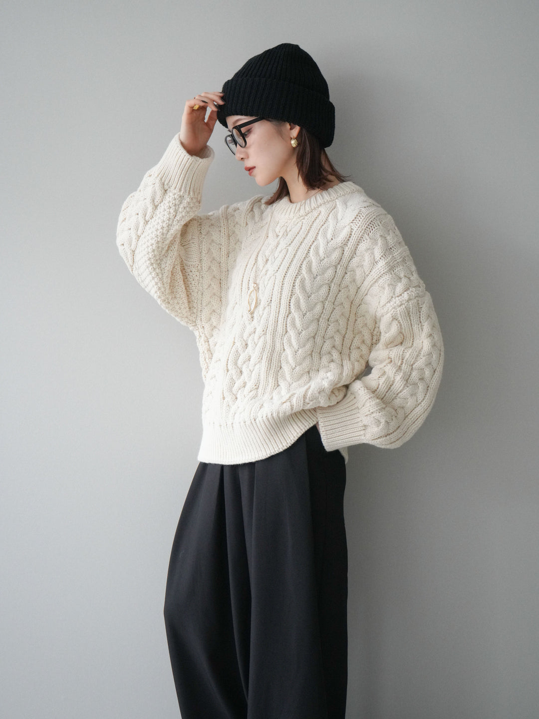 [予約]ボリュームケーブルニットプルオーバー/beige