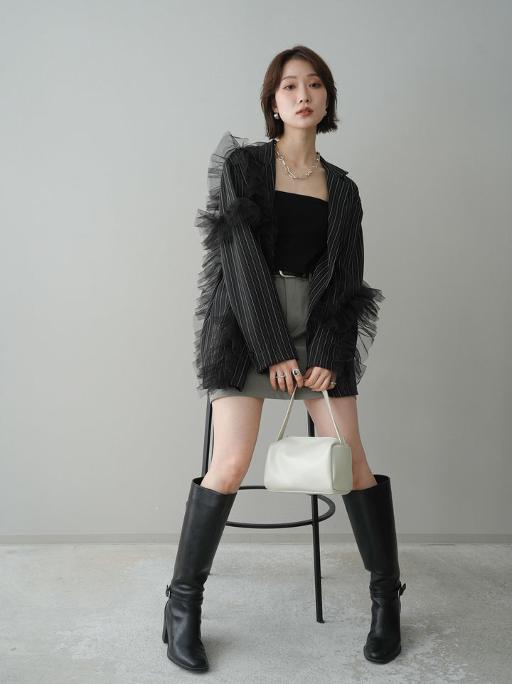 [予約]アシンメトリーチュールストライプジャケット/black