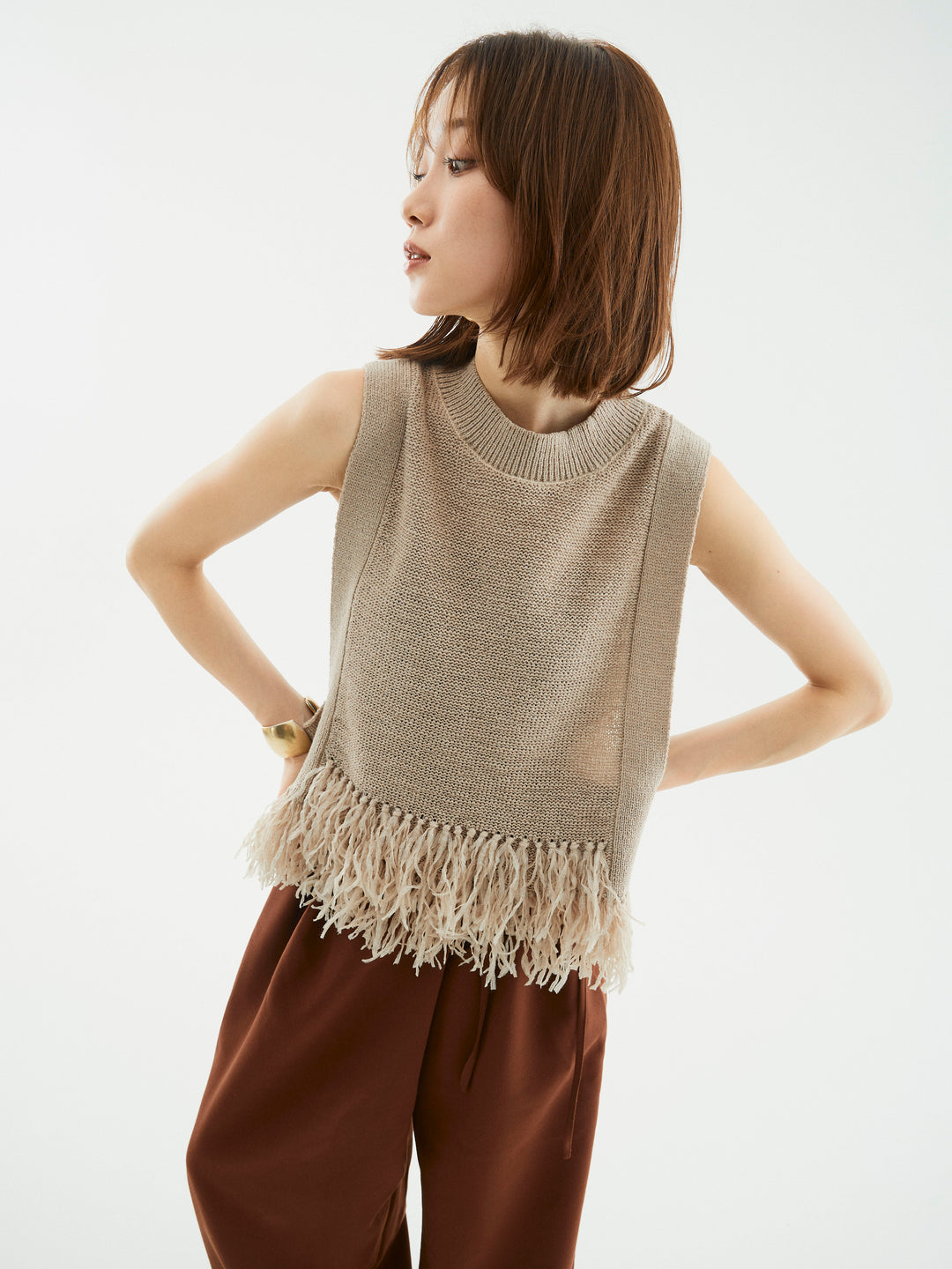 【Allure】[SET]フェザーヤーンニットベスト+ラップデザインタックワイドパンツ(2set)