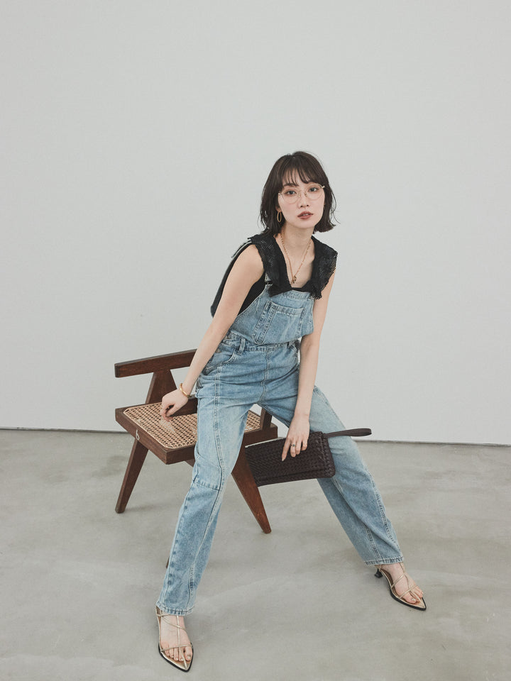 [SET]センターシームデニムサロペット +テープヤーンラッフルノースリトップス(2set)