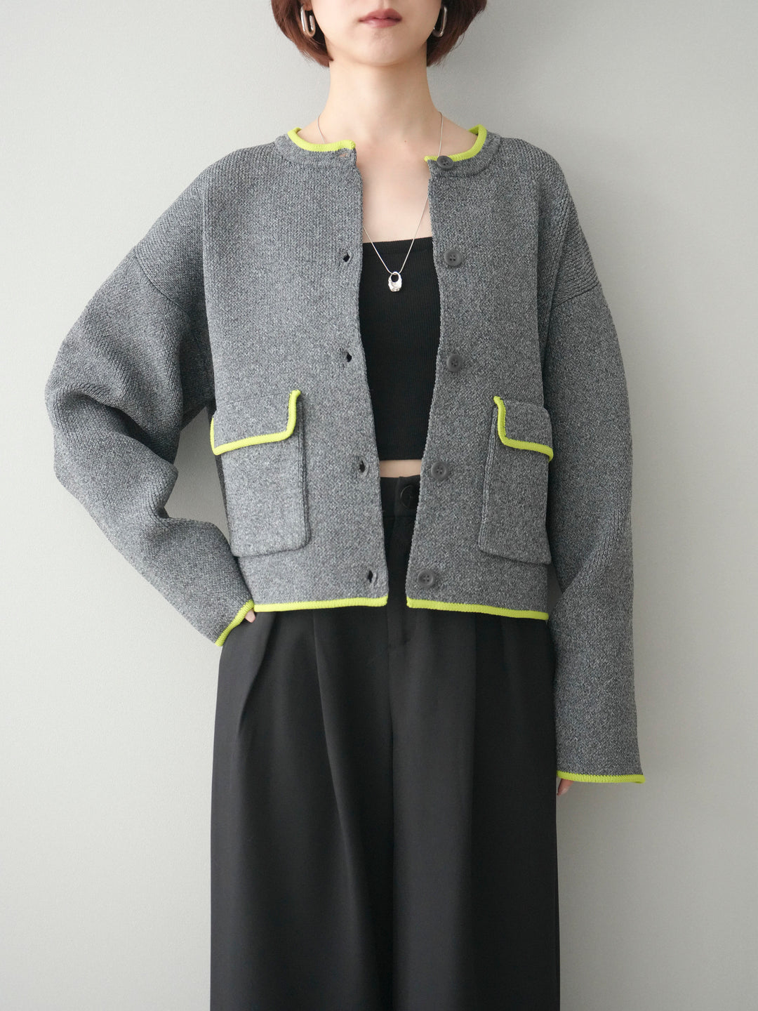 [SET]ポリエステル配色ニットカーディガン+ウエストレースタックワイドパンツ(2set)