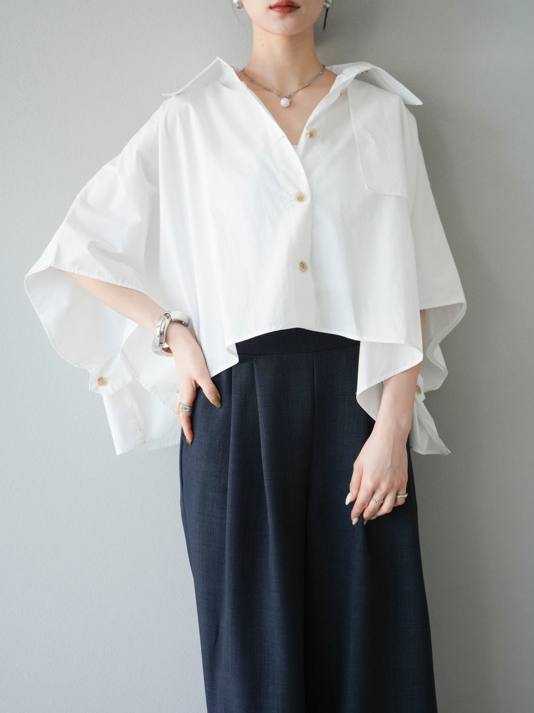 [SET]ポンチョショートシャツ+リネンライクイージーワイドパンツ(2set)