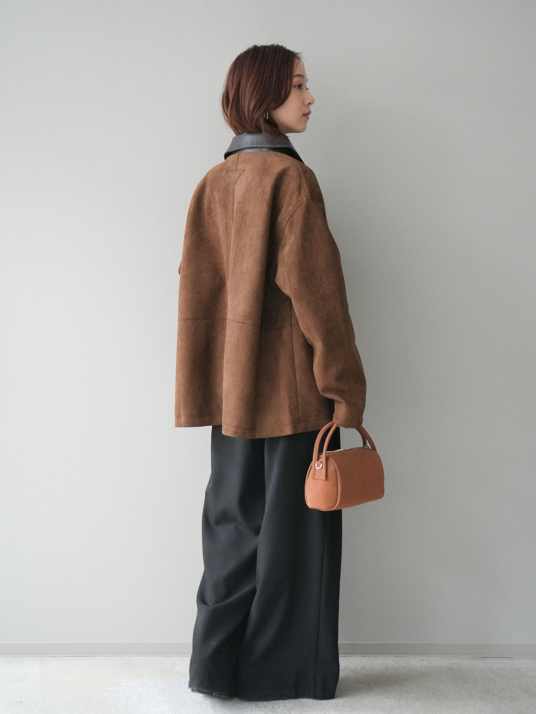 [SET]襟レザーステンカラースエードジャケット+袖ボタンボトルネックリブニットトップス+ベルトループデザインワイドパンツ(3set)