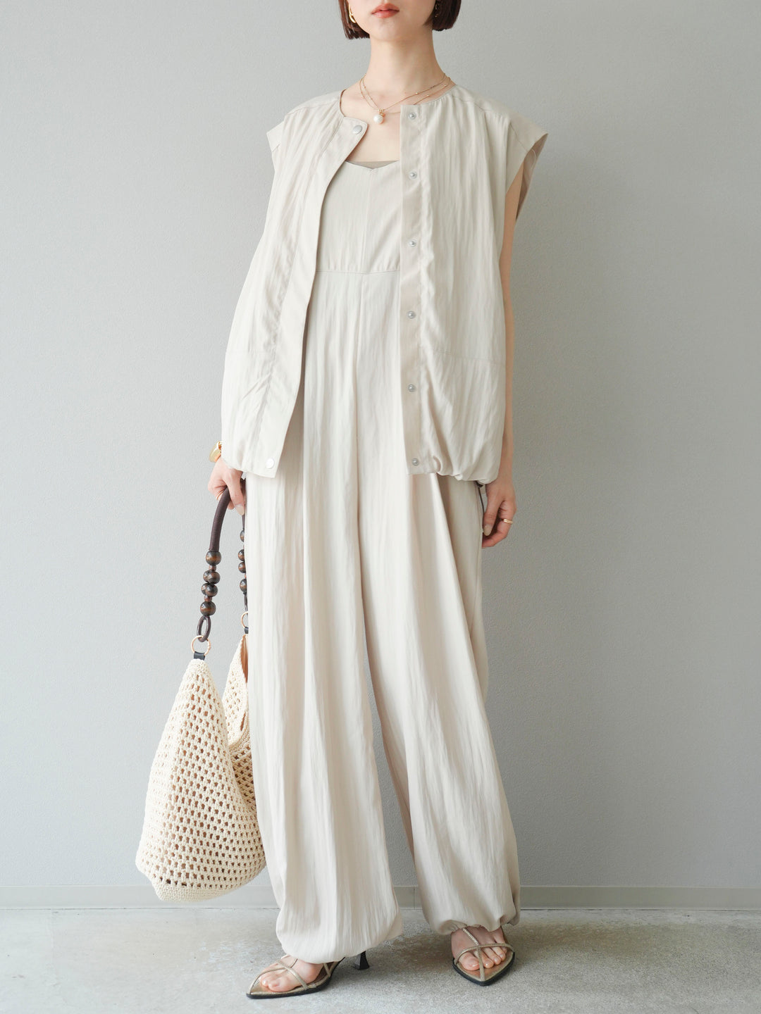[SET]リネンライクビスチェデザインサロペット+リネンライクドロストバルーンブルゾン(2set)