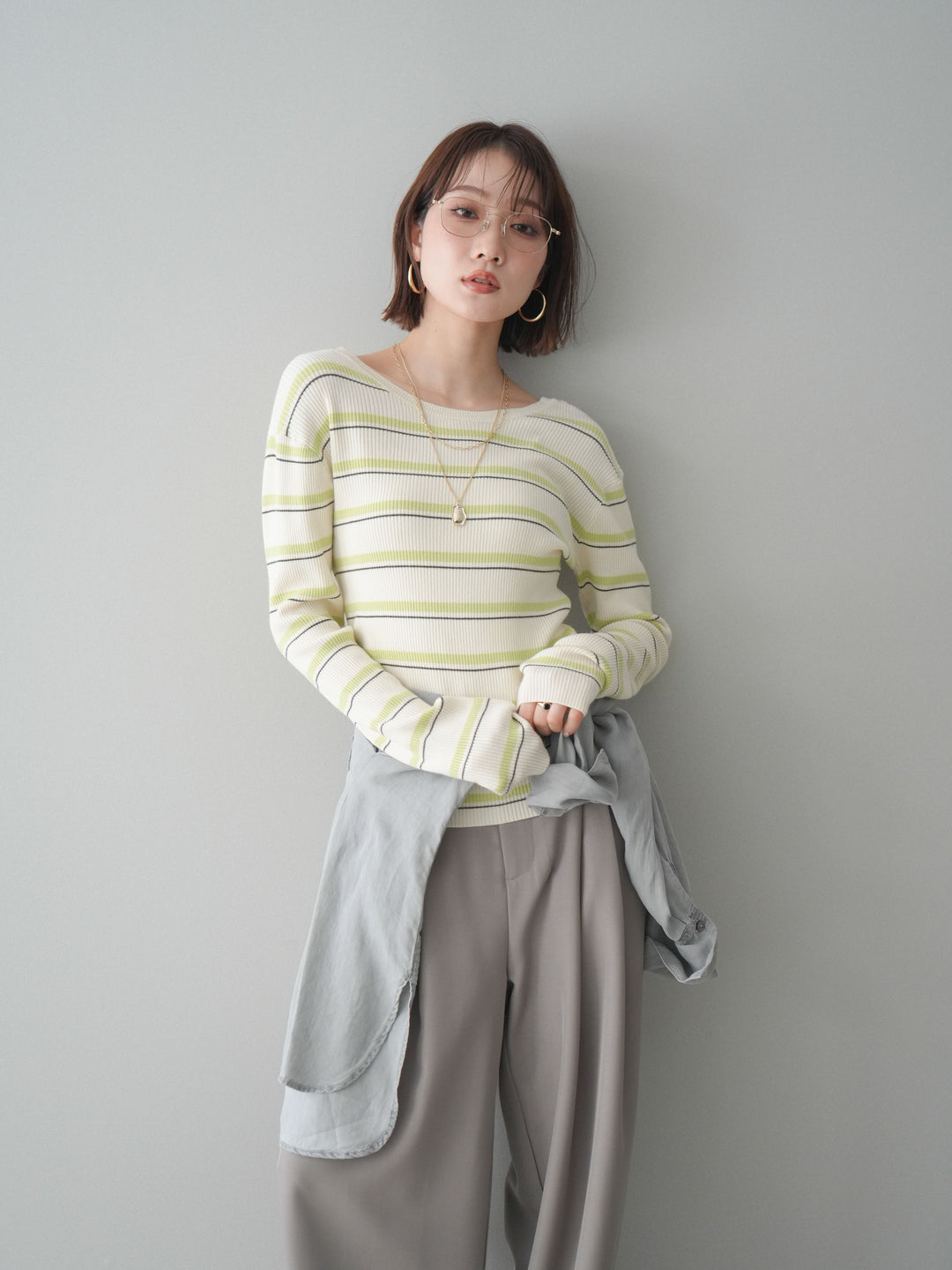 [予約]バックオープンテレコリブマルチボーダートップス/ivory