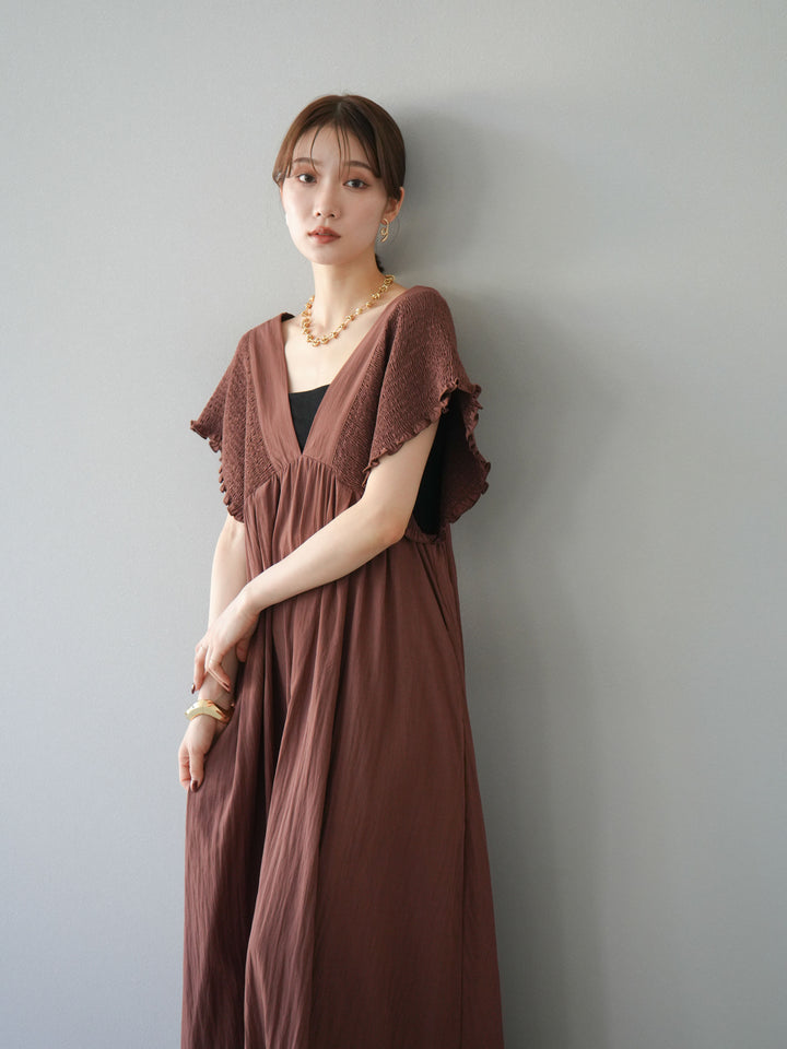 [SET] 褶皺V領連身裙 + 褶皺V領連身裙 (2件套)