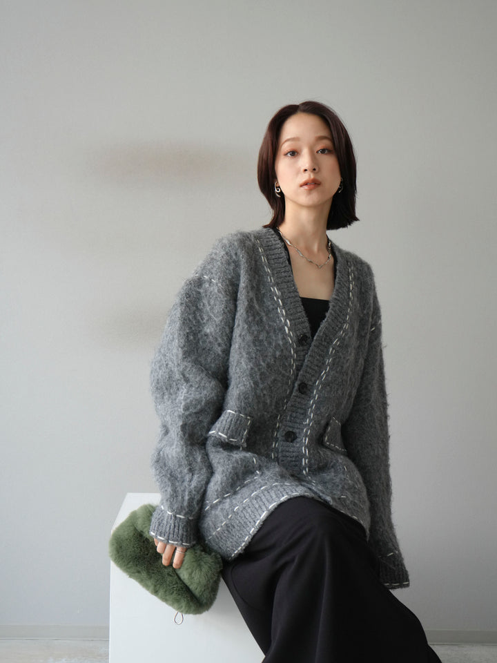 [予約]ステッチVネックニットカーディガン/グレー