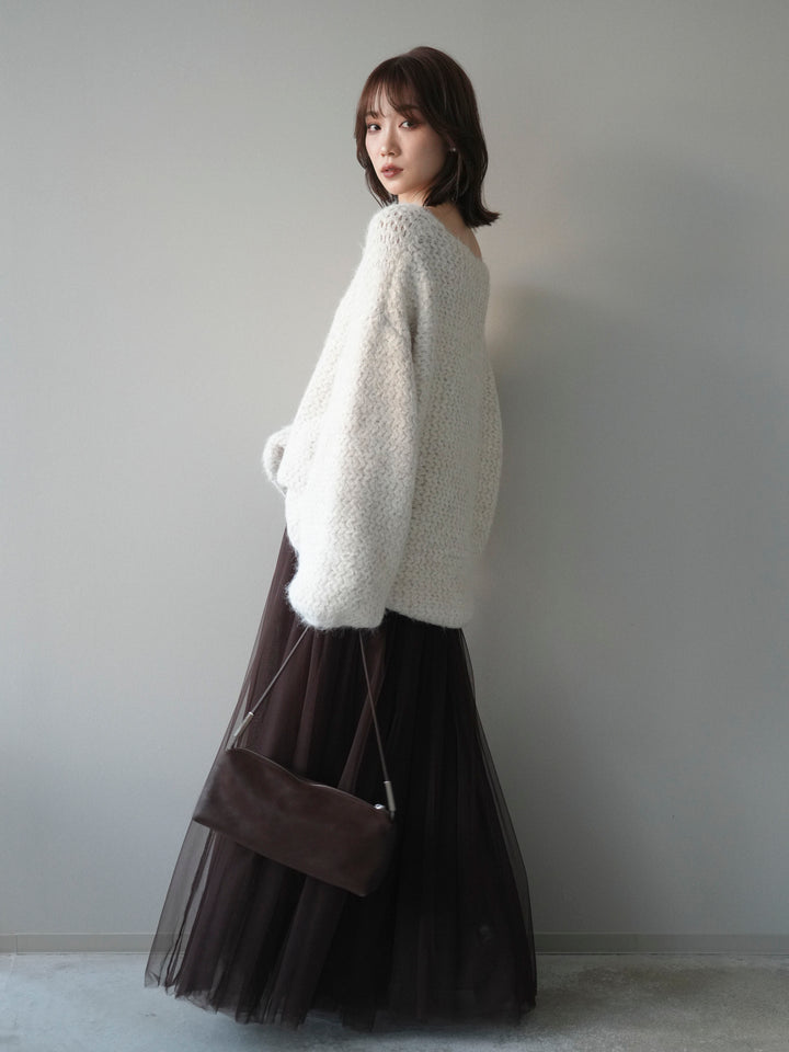 [SET]ウールタッチラメミックスヤーンVネックニットプルオーバー+チュールボリュームスカート(2set)