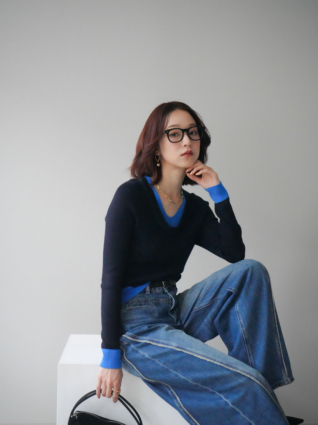 [SET]Uネック配色レイヤードリブニットトップス+サイドフリンジワイドデニムパンツ(2set)