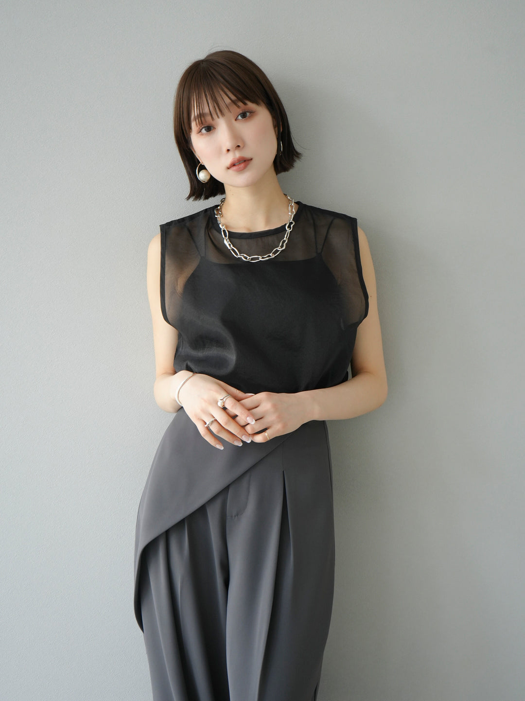 [SET] Organza sleeveless top + wrap wide pants (2set)