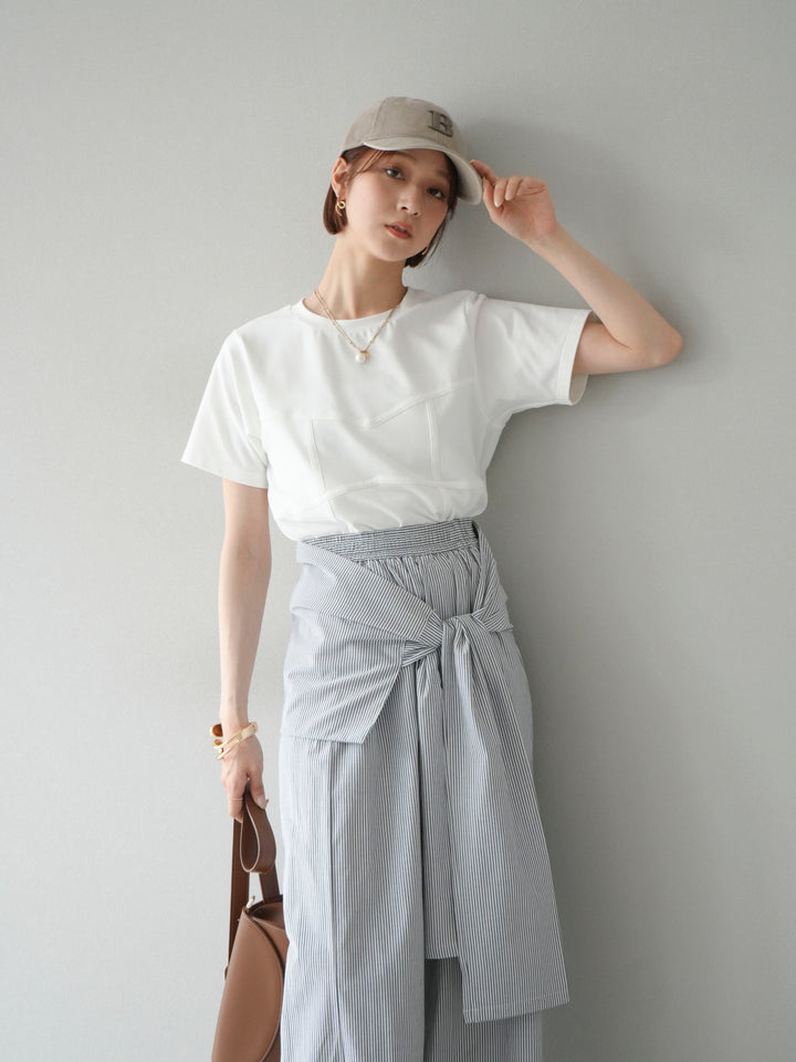 [SET]ビスチェデザインTシャツ+ウエスト巻きストライプイージーパンツ(2set)