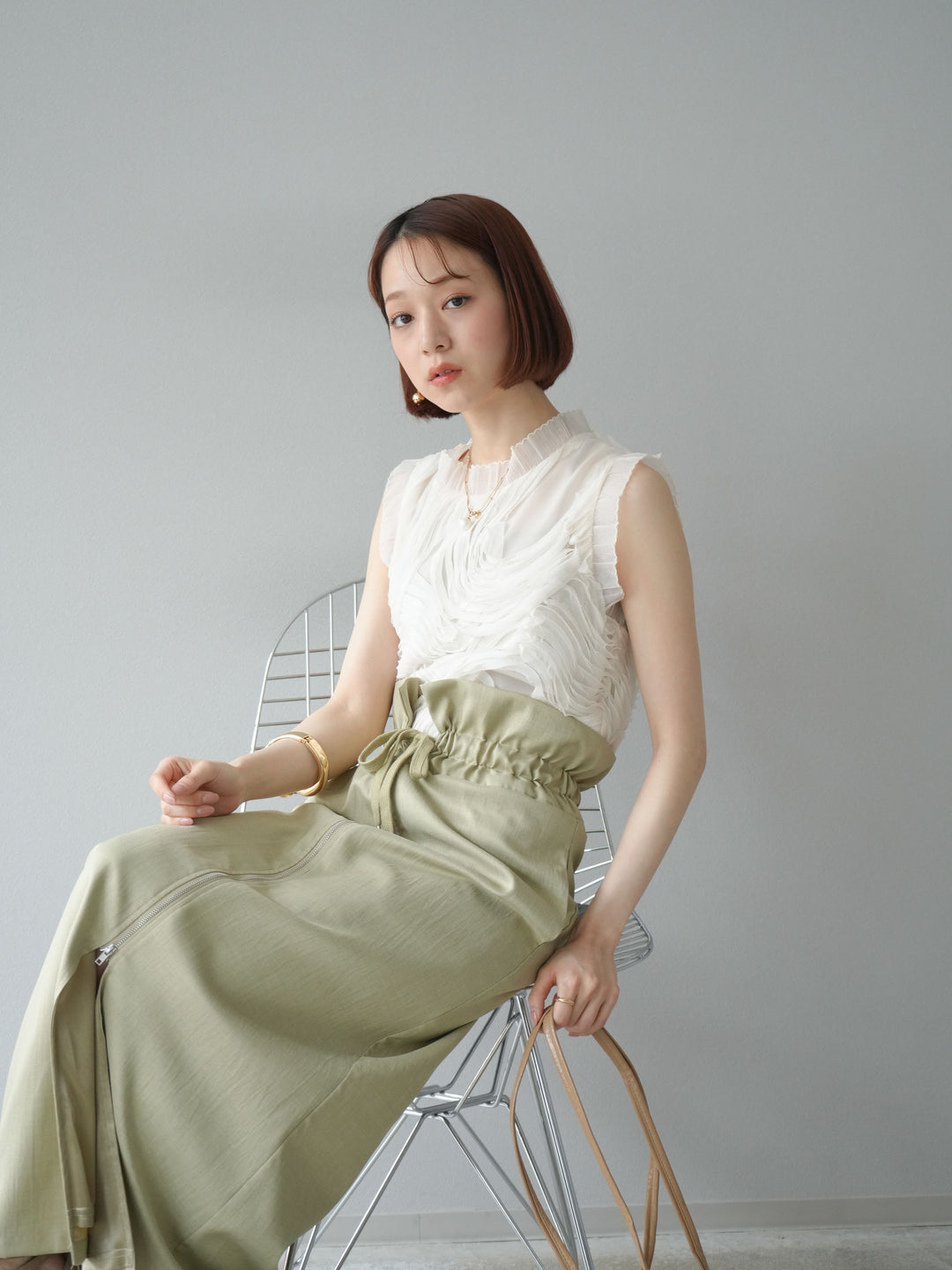 [SET]チュールジャガードノースリブラウス+ヘザーエステルギャザージップスカート(2set)