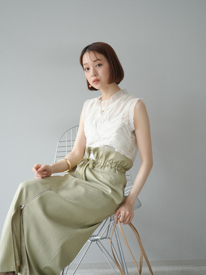 [SET]チュールジャガードノースリブラウス+ヘザーエステルギャザージップスカート(2set)