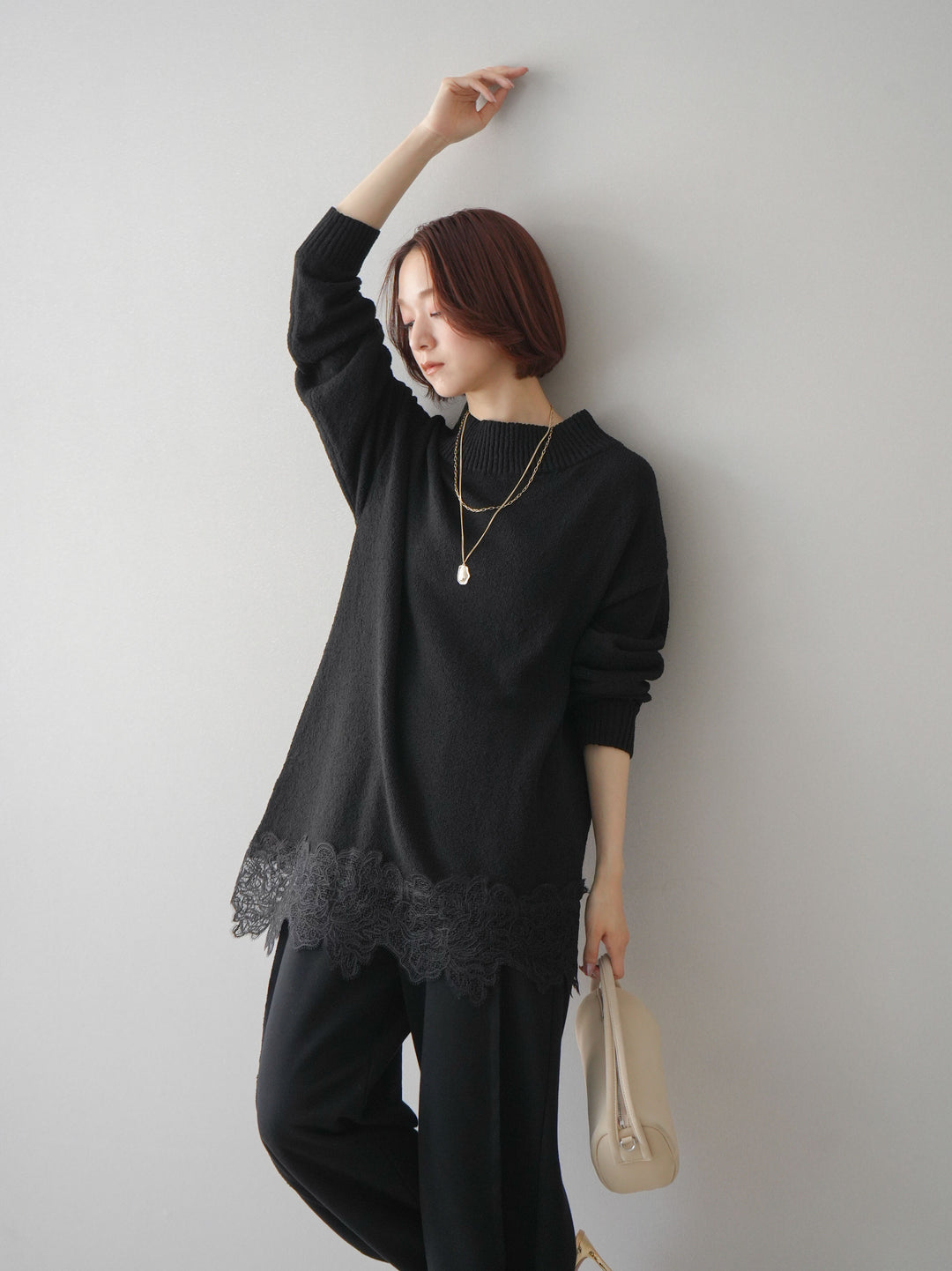 [SET]アシンメトリーレースヘムニットプルオーバー+2WAYデザインスウェットパンツ(2set)