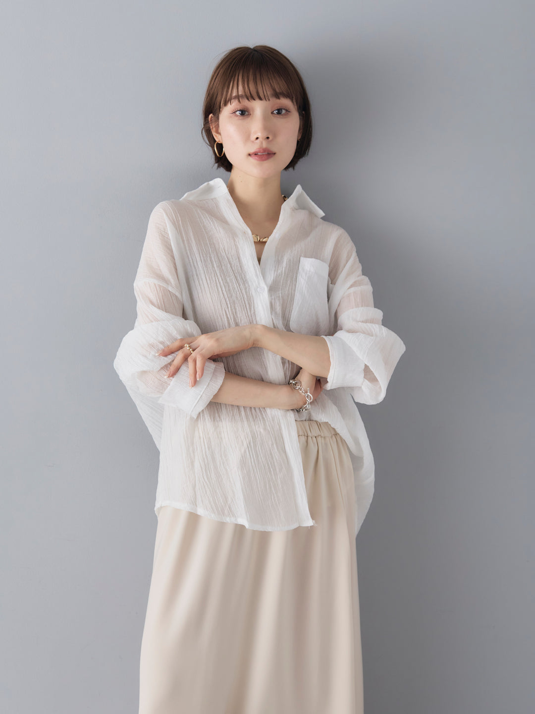 [SET]楊柳シアーLSシャツ+サテンフレアスカート(2set)