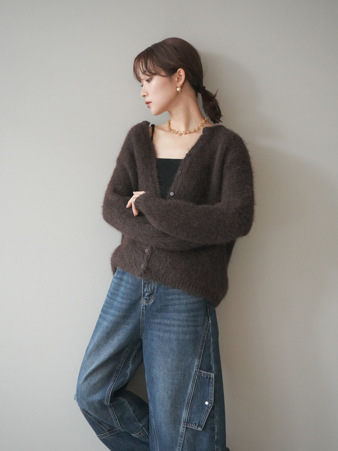 [予約]キーネックシャギーニットカーディガン/brown