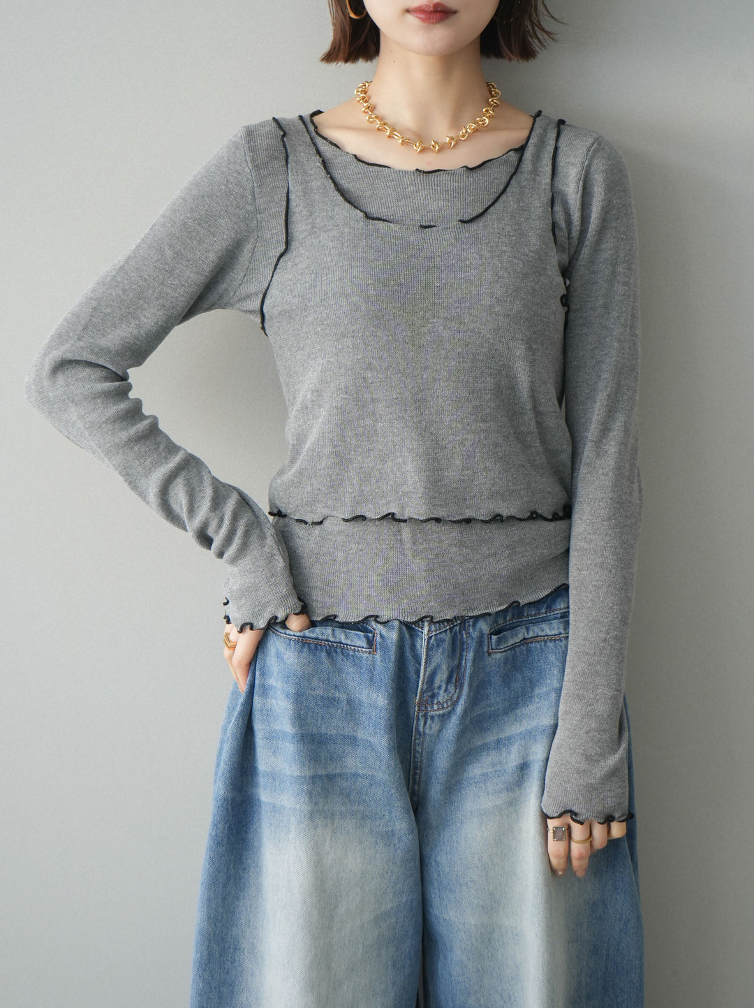 [SET]バイカラーメローアンサンブルシアーニットトップス+バイカラーメローアンサンブルシアーニットトップス(2set)