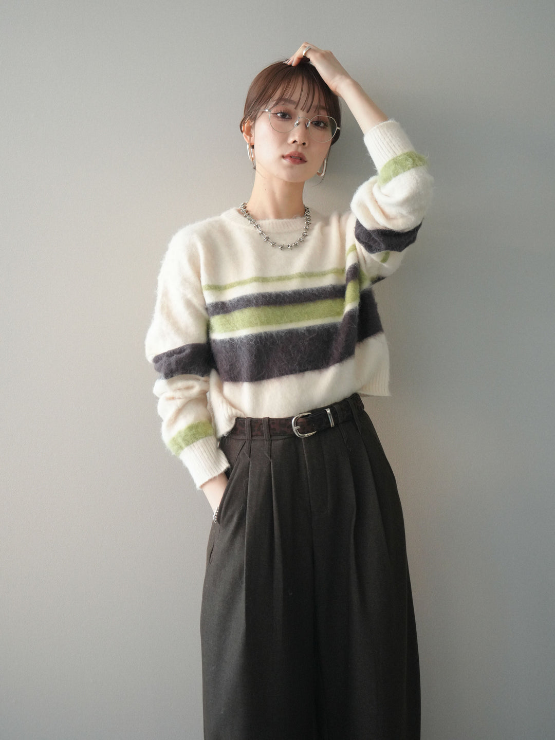 [予約]ソフトタッチボーダークロップドニットプルオーバー/ivory