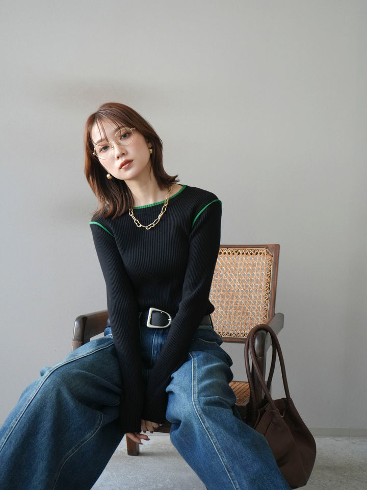 [予約]バイカラークルーネックリブニットトップス/black