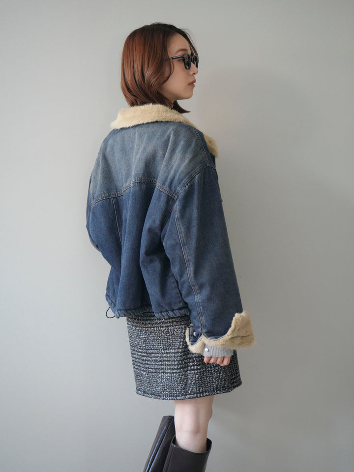 [予約]デニム×ファーステンカラーショートジャケット/blue