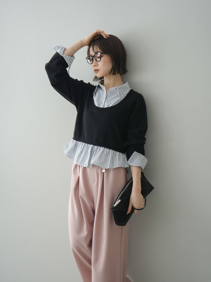 [予約]ストライプシャツUネックドッキングニットプルオーバー/blackoffstripe