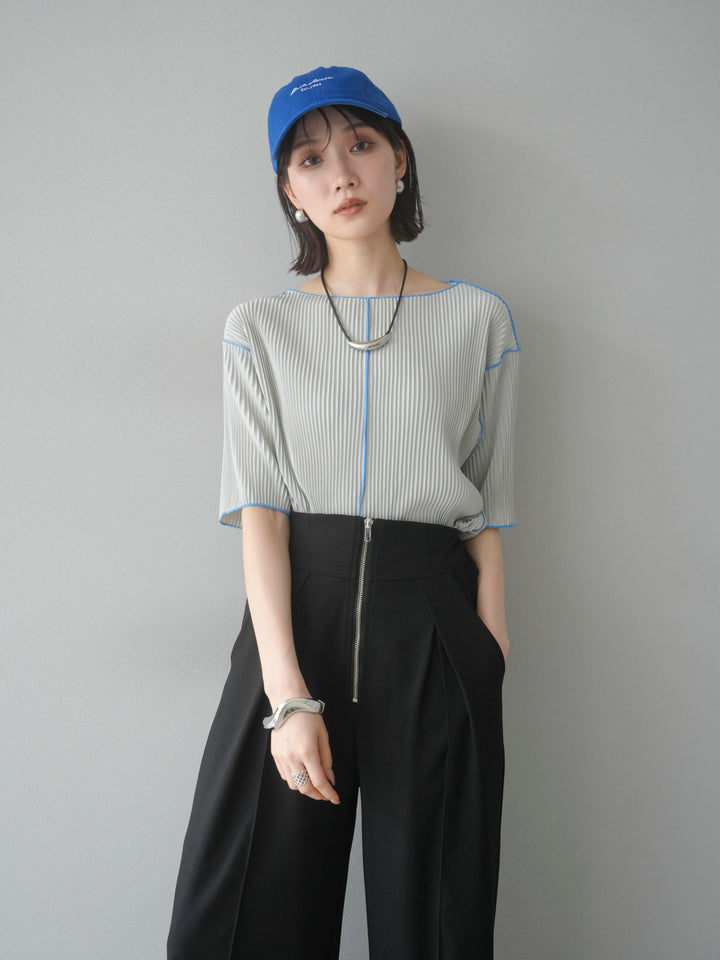 【預購】配色柔和百褶半袖上衣/灰色