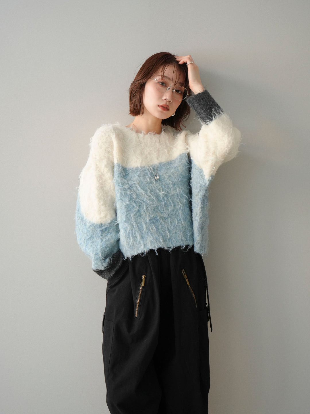 [SET]バイカラーモヘアタッチニットプルオーバー+コットンタックループパンツ(2set)